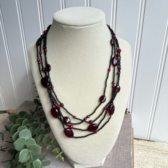 Garnet Red Faux pearl Acrylic Oval Bead Multi Strand Choker Necklace 18 inch - Picture 1 of 5